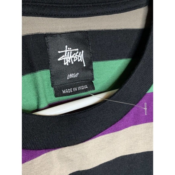 Stussy Long Sleeve Purple Green Striped Pocket T-Shirt Large EUC - Picture 4 of 7